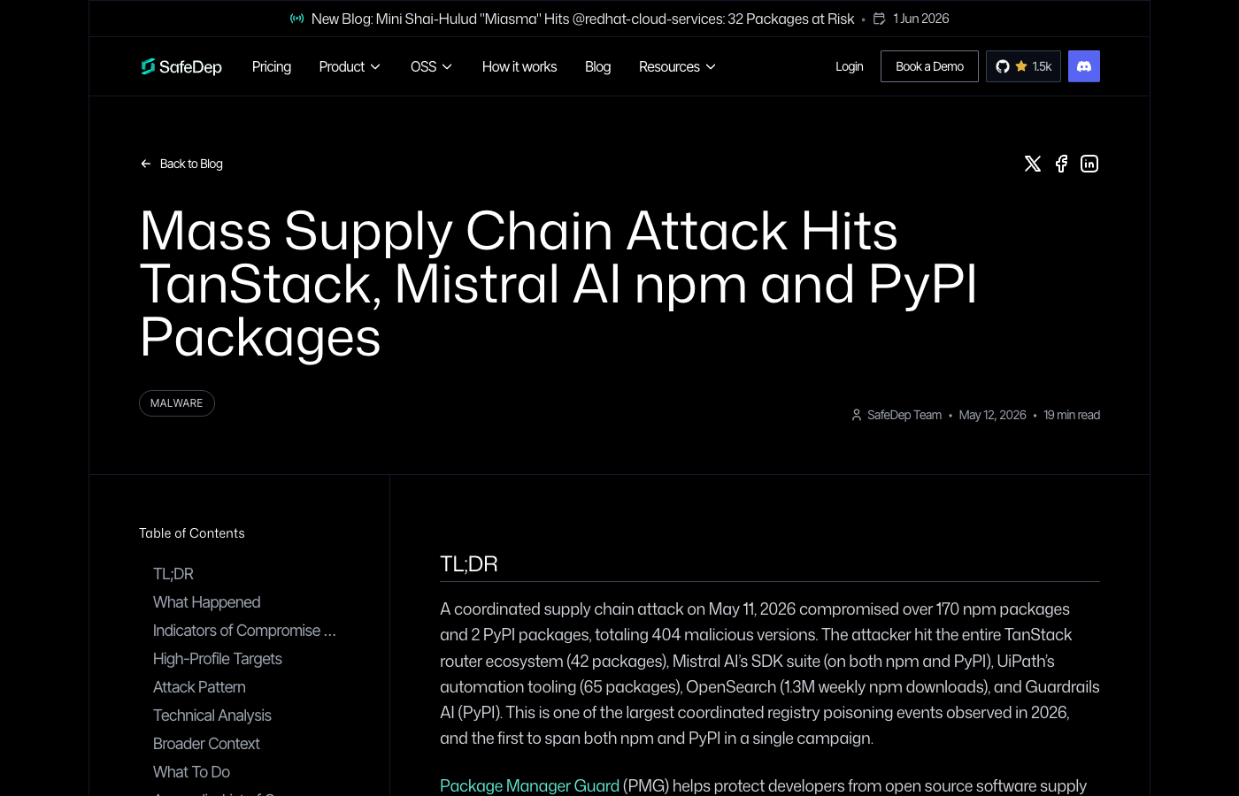 safedep.io postmortem headline "Mass Supply Chain Attack Hits TanStack, Mistral AI npm and PyPI Packages", May 9 2026, 170+ packages compromised, 2 PyPI packages